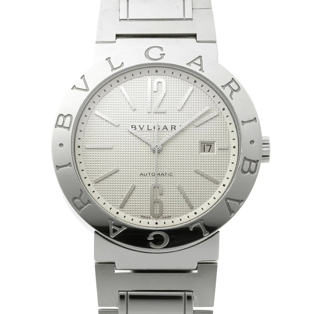 BVLGARI SILVER WATCH: BVLGARI Silver Watch Brand: BVLGARI Type: Wristwatch Material: Stainless Steel Color: Dial color Silver Size: Case length/approx. 42mm width/approx. 42mm Arm circumference approx. 20cm Accessories: