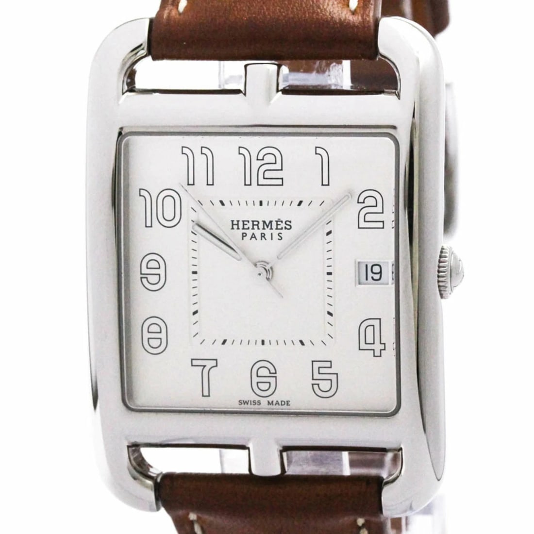 HERMES CAPE COD STAINLESS STEEL LEATHER QUARTZ WATCH: Hermes Cape Cod Stainless Steel Leather Quartz Watch Brand: HERMES Type: Wristwatch Material: Stainless Steel/leather Color: Dial color silver Size: [Case width]: 33mm / 1.3'' Accessories: None