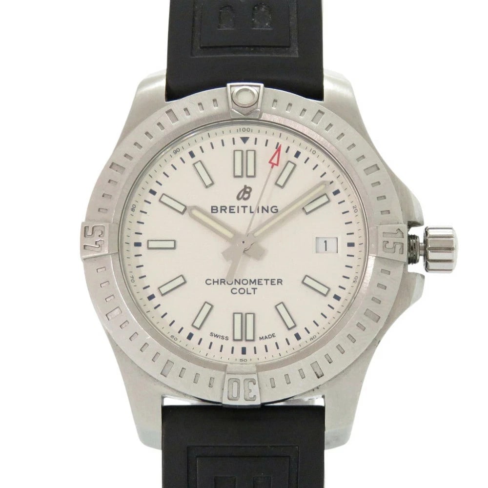 BREITLING COLT IVORY BLACK AUTOMATIC WATCH: Breitling Colt Ivory Black Automatic Watch Brand: BREITLING Type: Wristwatch Material: stainless steel/rubber Color: Dial color ivory Size: Case diameter approx.: 41mm / Max arm circ.: 20cm Access
