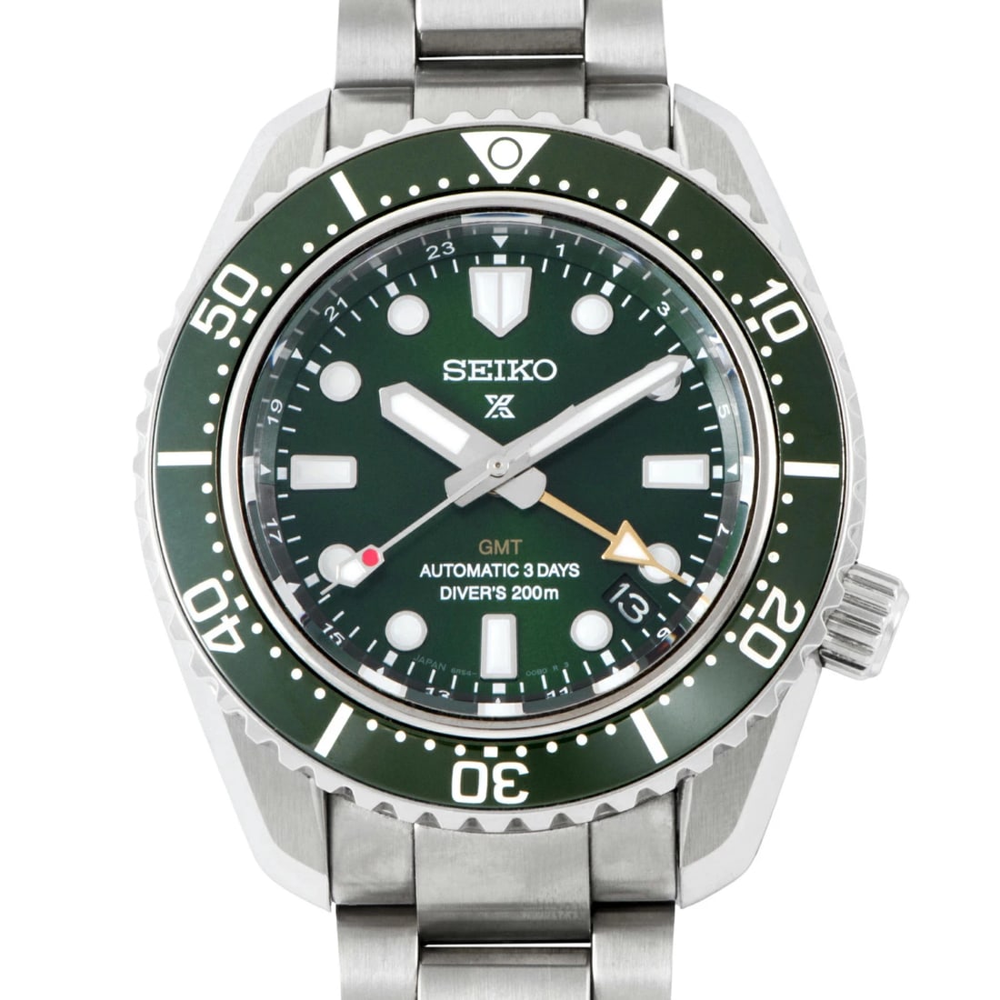 SEIKO PROSPEX DIVER GMT STAINLESS STEEL WATCH: SEIKO Prospex Diver GMT Stainless Steel Watch Brand: SEIKO Type: Wristwatch Material: Stainless Steel Color: Dial color green Size: Case diameter approx.: 42mm / Max arm circ.: 18cm Accessories: None