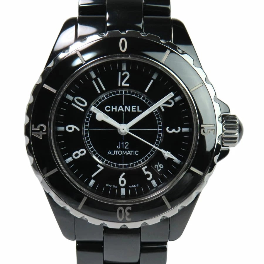 CHANEL J12 AUTOMATIC WATCH BLACK DATE WATCH: CHANEL J12 Automatic Watch Black Date Watch Brand: CHANEL Type: Wristwatch Material: Ceramic steel Color: Dial color Black Size: Case diameter approx.: 38mm / Max arm circ.: 17cm Accessories: None