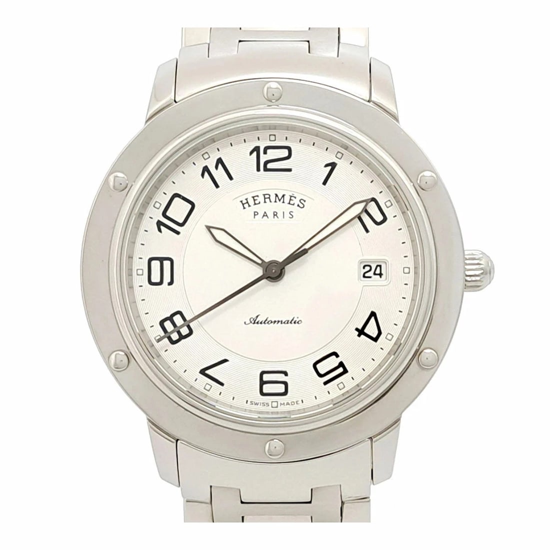 HERMES CLIPPER AUTOMATIC WATCH SILVER WATCH: Hermes Clipper Automatic Watch Silver Watch Brand: HERMES Type: Wristwatch Material: Stainless Steel Color: Dial color silver Size: Case: 39mm / Arm: 18.5cm Accessories: None Accessories Notice: When