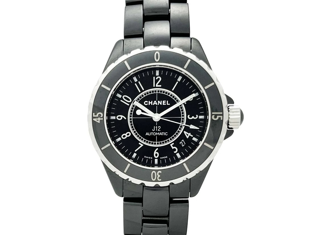 CHANEL J12 BLACK AUTOMATIC WATCH: CHANEL J12 Black Automatic Watch Brand: CHANEL Type: Wristwatch Material: Ceramic Color: Dial color Black Size: Case: 38mm / Arm: 17.5cm Accessories: None Accessories Notice: When purchasing