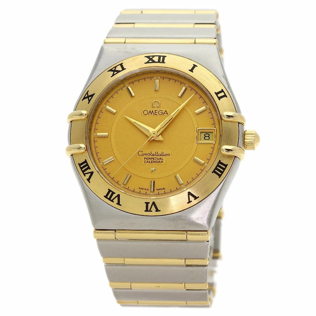 OMEGA CONSTELLATION PERPETUAL CALENDAR WATCH: Omega Constellation Perpetual Calendar Watch Brand: OMEGA Type: Wristwatch Material: Stainless Steel YG Color: Dial color gold Size: Case: 39mm / Arm: 18.5cm Accessories: None Accessories Notice: