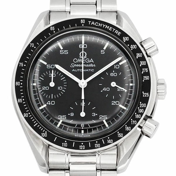 OMEGA SPEEDMASTER CHRONOGRAPH BLACK DIAL AUTOMATIC WATCH: Omega Speedmaster Chronograph Black Dial Automatic Watch Brand: OMEGA Type: Wristwatch Material: Stainless Steel Color: Dial color Champagne/Gold Size: Case: 39mm / Arm: 19cm Accessories: None