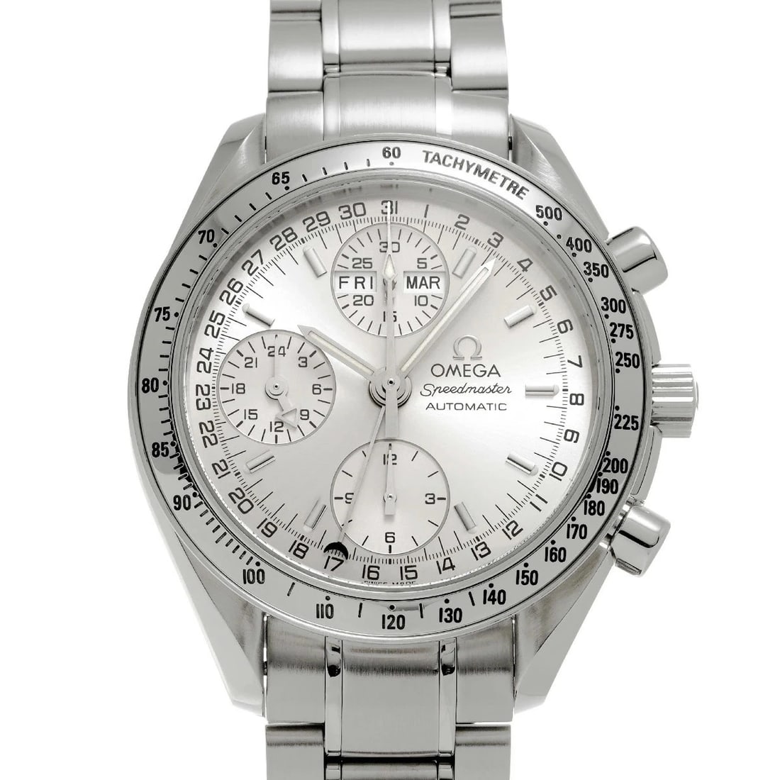 OMEGA SPEEDMASTER TRIPLE CALENDAR SILVER WATCH: Omega Speedmaster Triple Calendar Silver Watch Brand: OMEGA Type: Wristwatch Material: Stainless Steel Color: Dial color silver Size: Case length/approx. 39mm width/approx. 39mm Lug width 18mm Arm