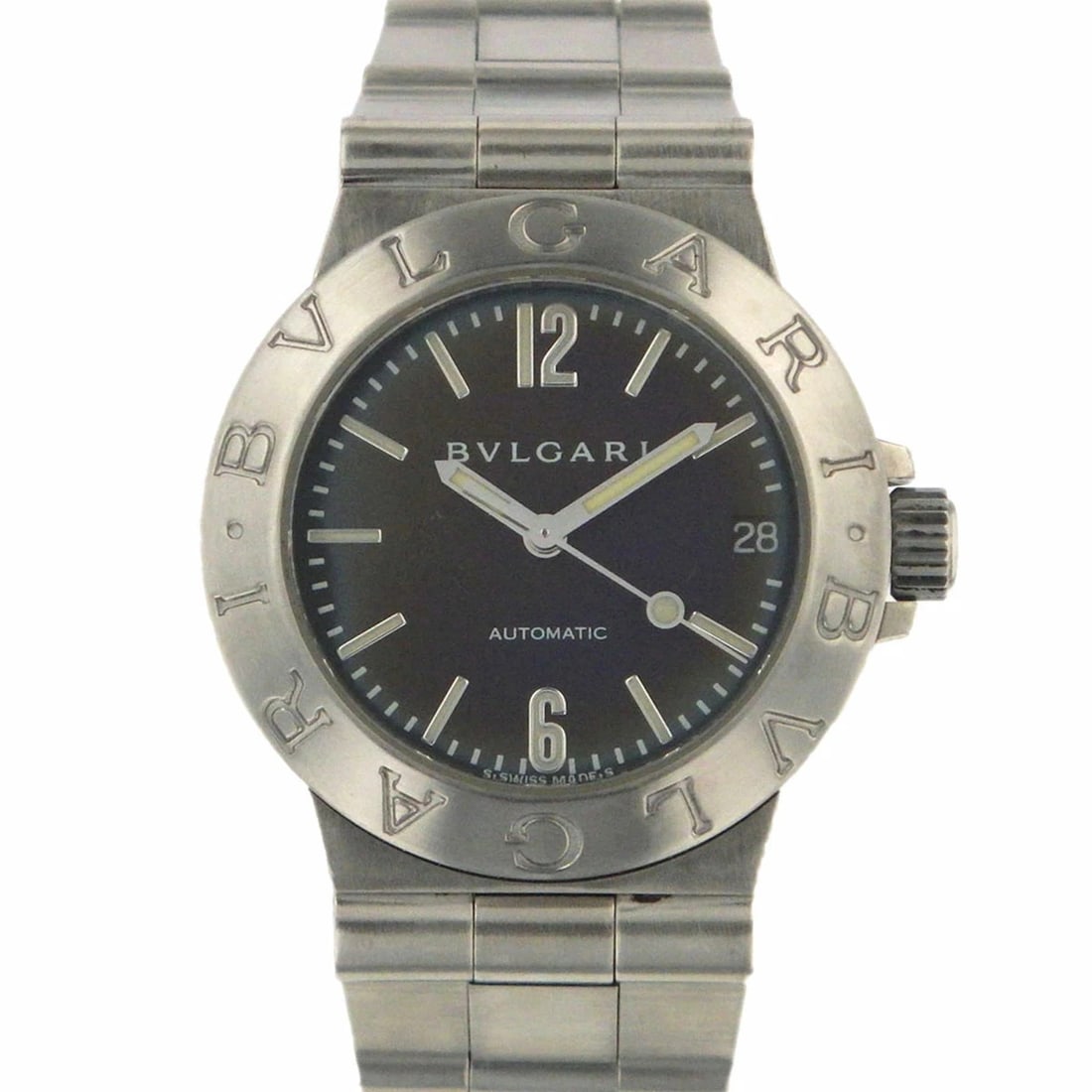 BVLGARI DIAGONO DATE AUTOMATIC BLACK WATCH: BVLGARI Diagono Date Automatic Black Watch Brand: BVLGARI Type: Wristwatch Material: Stainless Steel Color: Dial color black Size: case: approx. 29mm Arm circumference: approx. 17cm Accessories: N