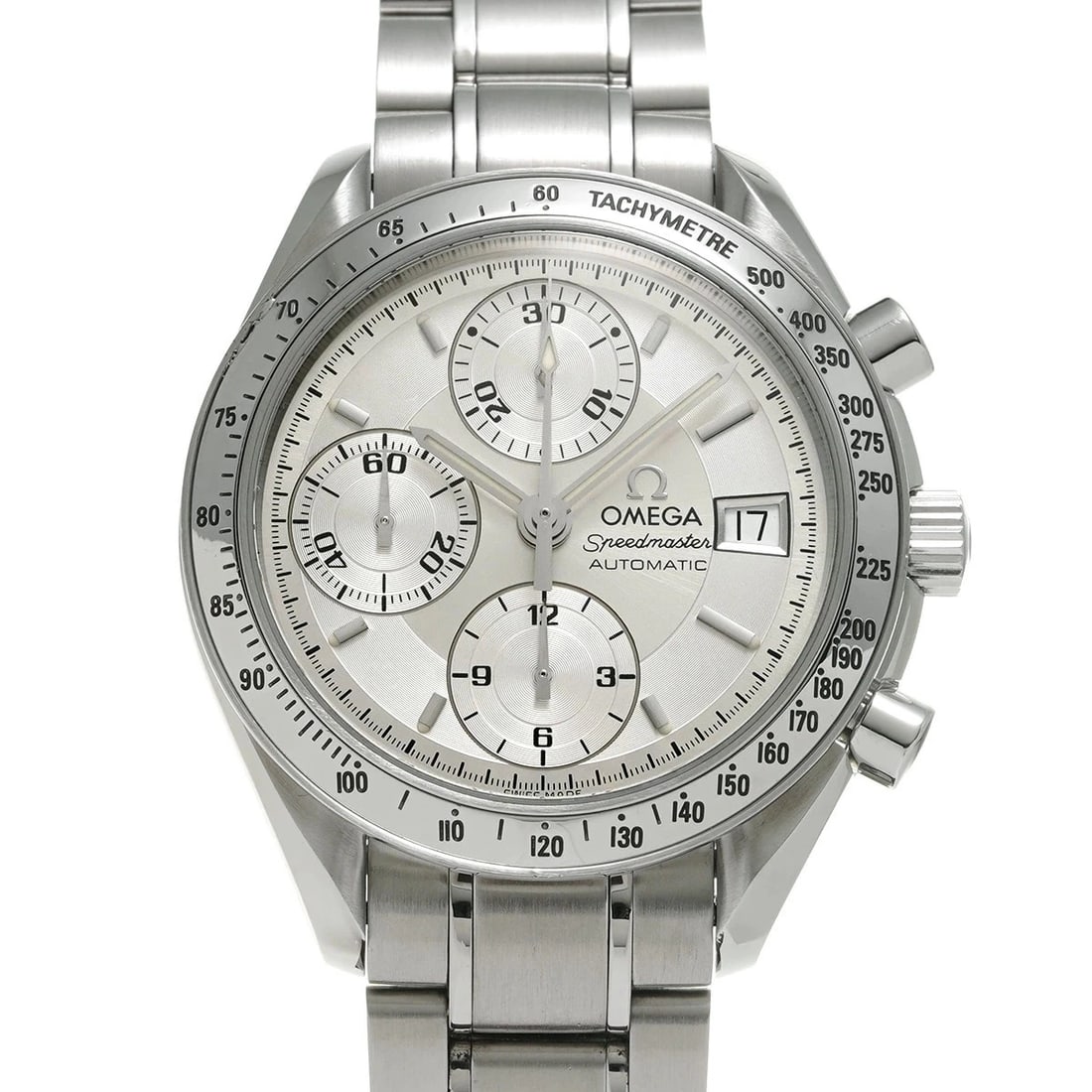 OMEGA SPEEDMASTER DATE SILVER WATCH: Omega Speedmaster Date Silver Watch Brand: OMEGA Type: Wristwatch Material: Stainless Steel Color: Dial color silver Size: Case length/approx. 39mm Accessories: None Accessories Notice: Wh