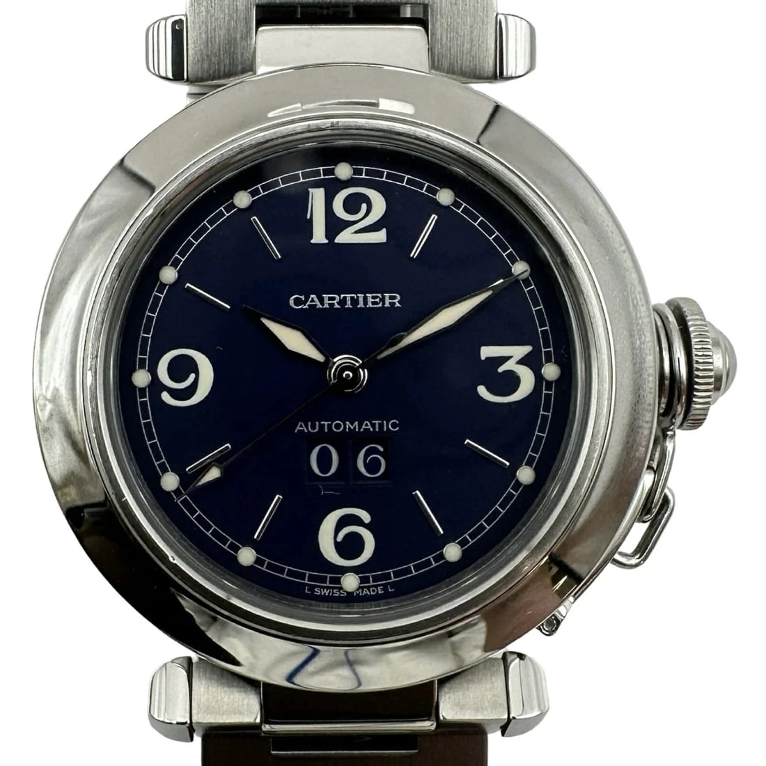 CARTIER PASHA C BIG DATE BLUE AUTOMATIC WATCH: Cartier Pasha C Big Date Blue Automatic Watch Brand: Cartier Type: Wristwatch Material: Stainless Steel Color: Dial color blue Size: Arm circumference: approx. 18.5cm Case approx. 35mm Accessories