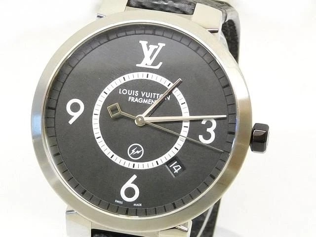 LOUIS VUITTON TAMBOUR WATCH SLIM FRAGMENT DESIGN QUARTZ WATCH: Louis Vuitton Tambour Watch Slim Fragment Design Quartz Watch Brand: LOUIS VUITTON Type: Wristwatch Material: SS / Leather Color: Dial color Brown/Gray Size: [Face]: 38mm (excluding crown) [Belt]: