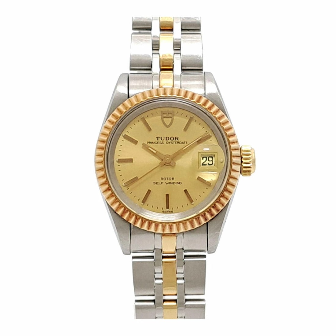 TUDOR PRINCESS OYSTERDATE AUTOMATIC YELLOW GOLD WATCH: TUDOR Princess Oysterdate Automatic Yellow Gold Watch Brand: TUDOR Type: Wristwatch Material: Stainless Steel/YG Color: Dial color gold Size: Case size approximately 25mm Arm circumference approx.