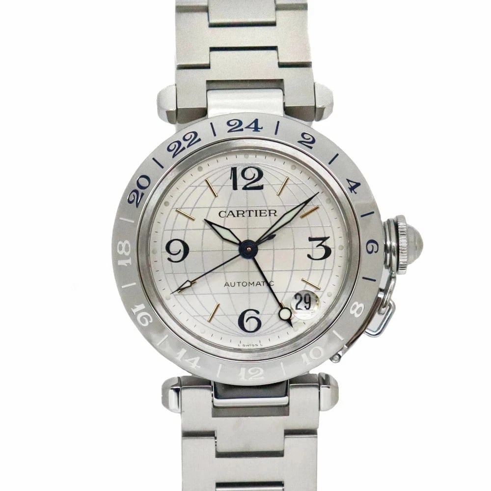 CARTIER PASHA C MERIDIAN GMT AUTOMATIC WATCH SILVER WATCH: Cartier Pasha C Meridian GMT Automatic Watch Silver Watch Brand: Cartier Type: Wristwatch Material: Stainless Steel Color: Dial color Silver/White Size: Case diameter approx.: 28mm Accessories: None