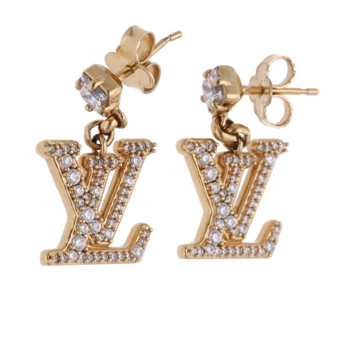 LOUIS VUITTON LADY LV RHINESTONE DROP EARRINGS: Louis Vuitton Lady LV Rhinestone Drop Earrings Brand: Louis Vuitton Type/Style: Earrings Material: none Color: gold Size: none Accessories: None Accessories Notice: When purchasing pre-own