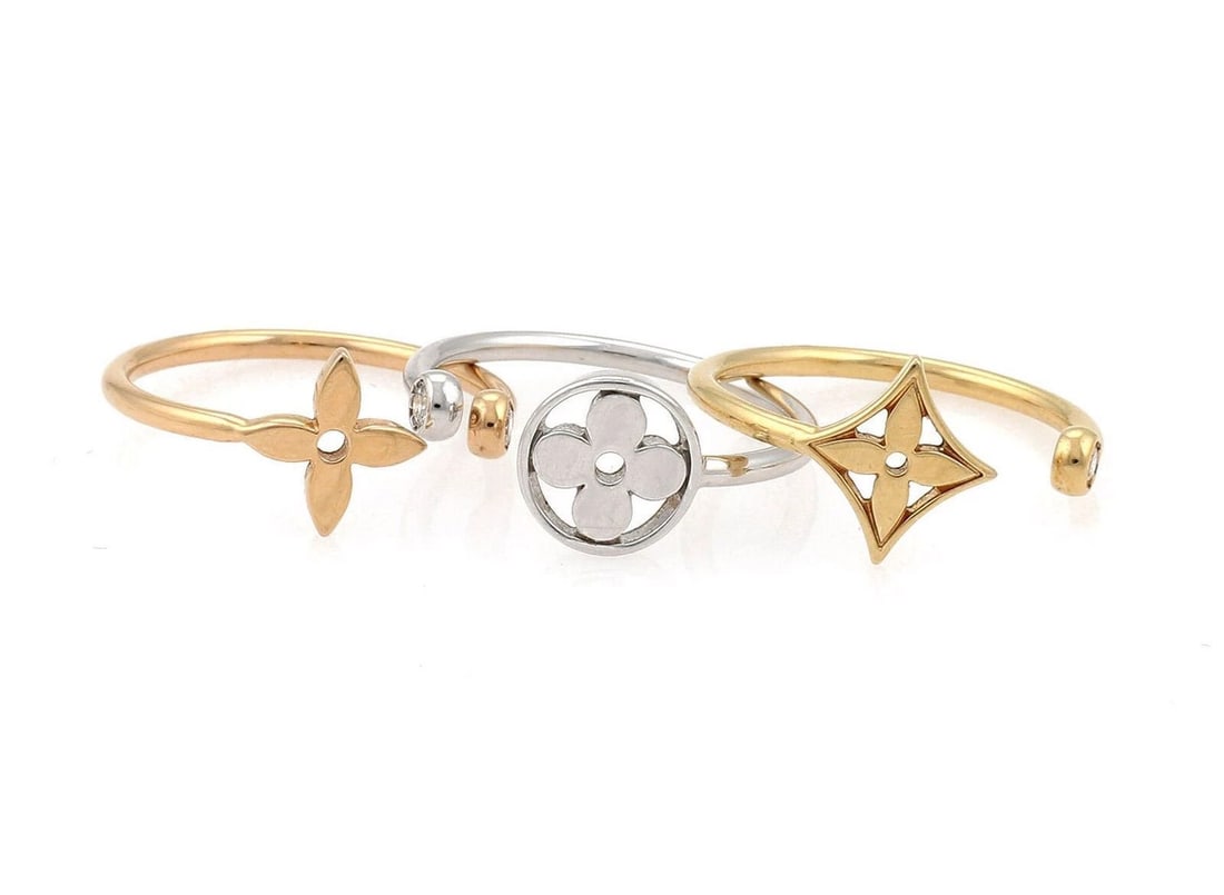 LOUIS VUITTON IDYLLE BLOSSOM 18K 3 GOLDS & DIAMONDS RING: Louis Vuitton Idylle Blossom 18k 3 Golds & Diamonds Ring Brand: Louis Vuitton Type/Style: Ring Material: 18k white yellow and rose gold Color: None Size: 6 US Accessories: None Accessories