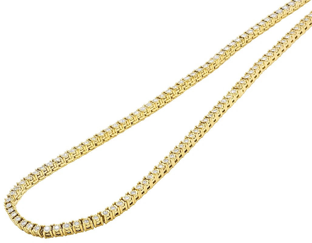 SOLITAIRE DIAMOND ILLUSION SET TENNIS CHAIN NECKLACE: Solitaire Diamond Illusion Set Tennis Chain Necklace Brand: None Type/Style: Necklace Material: 10K Yellow Gold, Main Stone/Creation Natural Color: Yellow Gold Size: Length 20" in Width 3mm