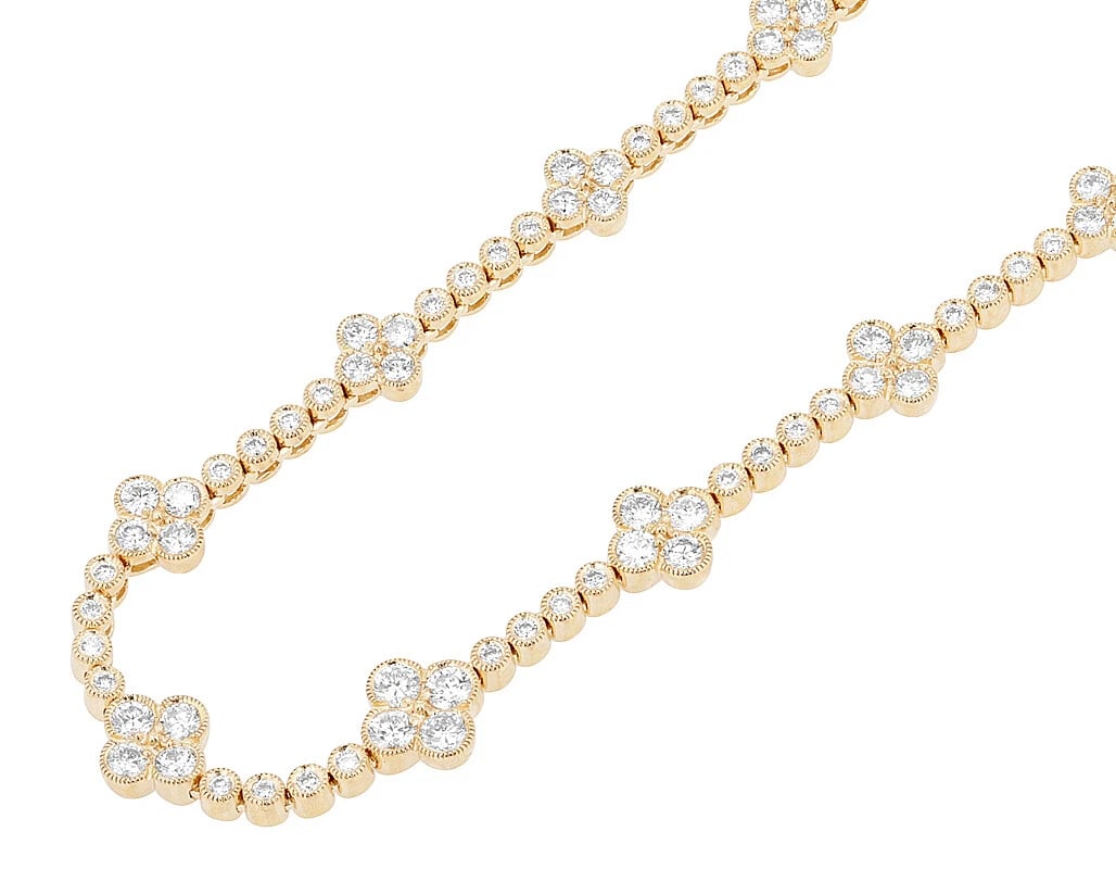 CLOVER LEAF DROPS DIAMOND CHOKER NECKLACE: Clover Leaf Drops Diamond Choker Necklace Brand: None Type/Style: Necklace Material: 14K Yellow Gold, Main Stone/Creation Natural Color: Yellow Gold Size: Width 4.0mm Length 18" in Accessories: None