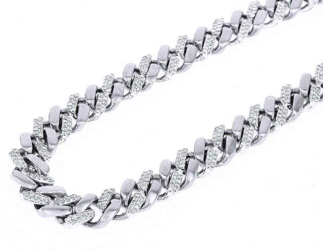 9MM MIAMI CUBAN DIAMOND CHAIN: 9MM Miami Cuban Diamond Chain Brand: None Type/Style: Necklace Material: 10K White Gold, Main Stone/Creation Natural Color: White Gold Size: Width 9MMmm Length 20" in Accessories: None Acc
