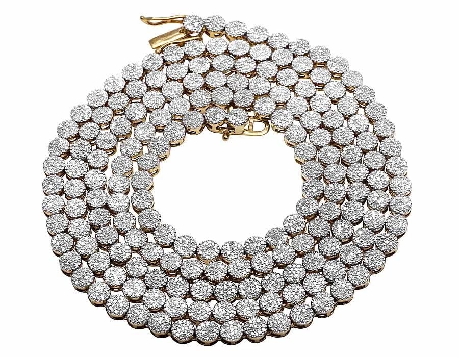 DIAMOND ROUND CLUSTER CHAIN NECKLACE: Diamond Round Cluster Chain Necklace Brand: None Type/Style: Necklace Material: 10K Yellow Gold, Main Stone/Creation Natural Color: Yellow Gold Size: Length 24" in Width 4mm Accessories: None