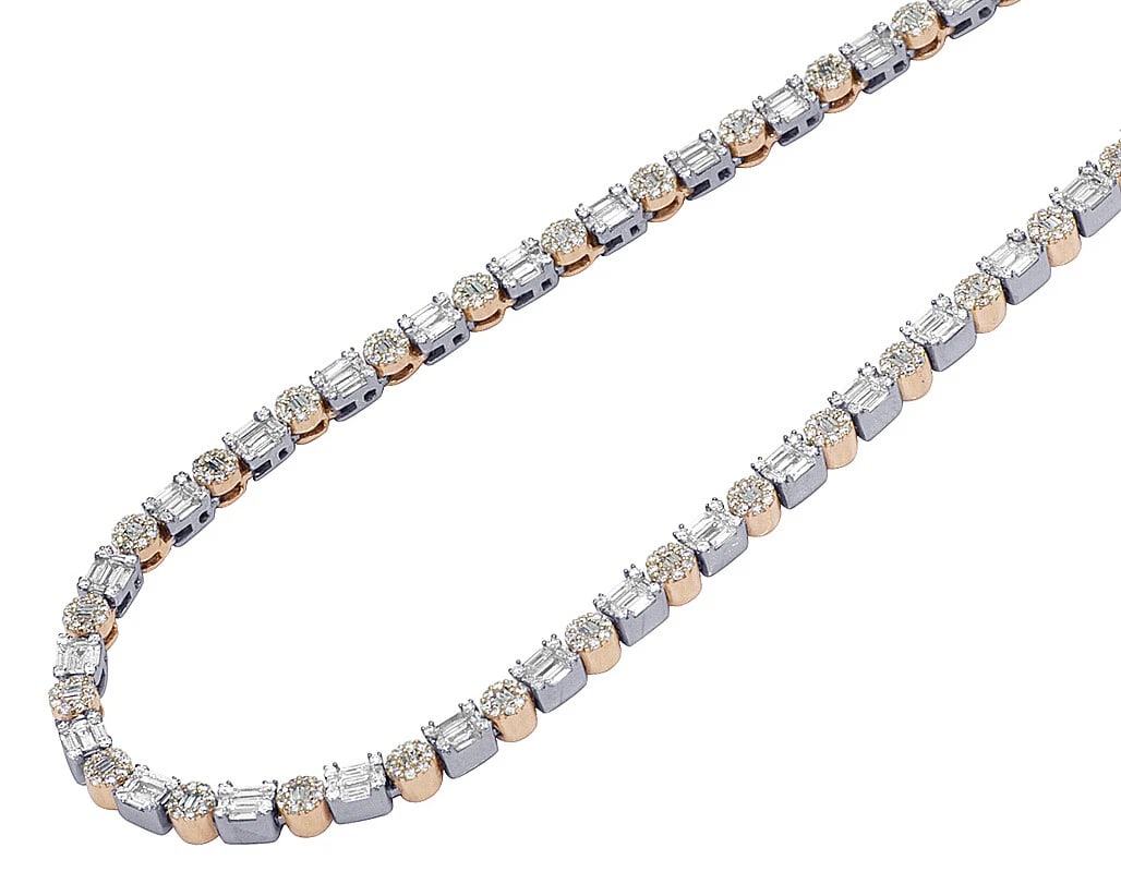 BAGUETTE CLUSTER DIAMOND TENNIS NECKLACE: Baguette Cluster Diamond Tennis Necklace Brand: None Type/Style: Necklace Material: 14K Rose-White Gold, Main Stone/Creation Natural Color: Rose Gold Size: Length 20" inWidth 4mm Accessories: None