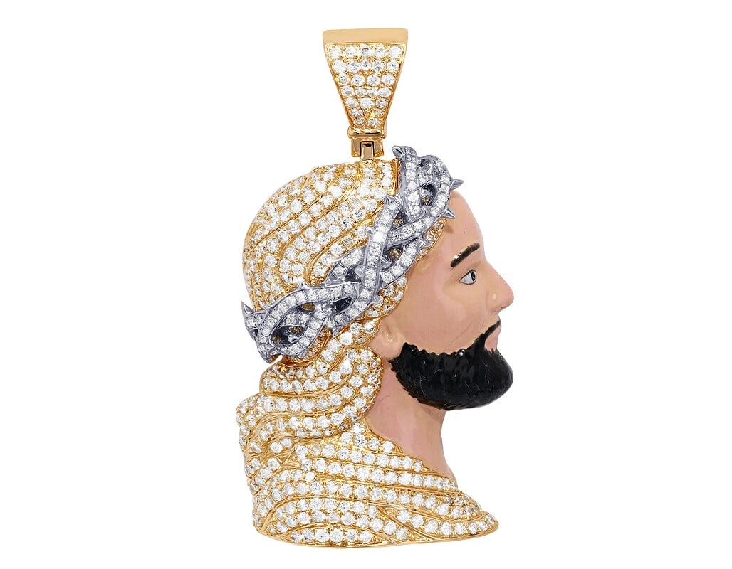 JESUS FACE ENAMEL DIAMOND PENDANT: Jesus Face Enamel Diamond Pendant Brand: None Type/Style: Pendant Material: 14K Yellow/white Gold, Main Stone/Creation Natural Color: Yellow/white Gold Size: Dimension L 2" x W 1" x H 11MM