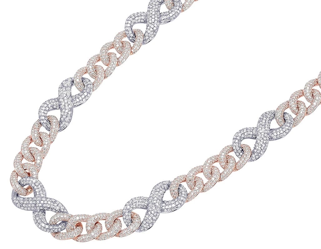 ROUND-CUT DIAMOND INFINITY LINK CHAIN: Round-Cut Diamond Infinity Link Chain Brand: None Type/Style: Necklace Material: 10K Yellow/Rose-White Gold, Main Stone/Creation Natural Color: Rose-White Gold Size: Length 16" in Width 10mm Acces