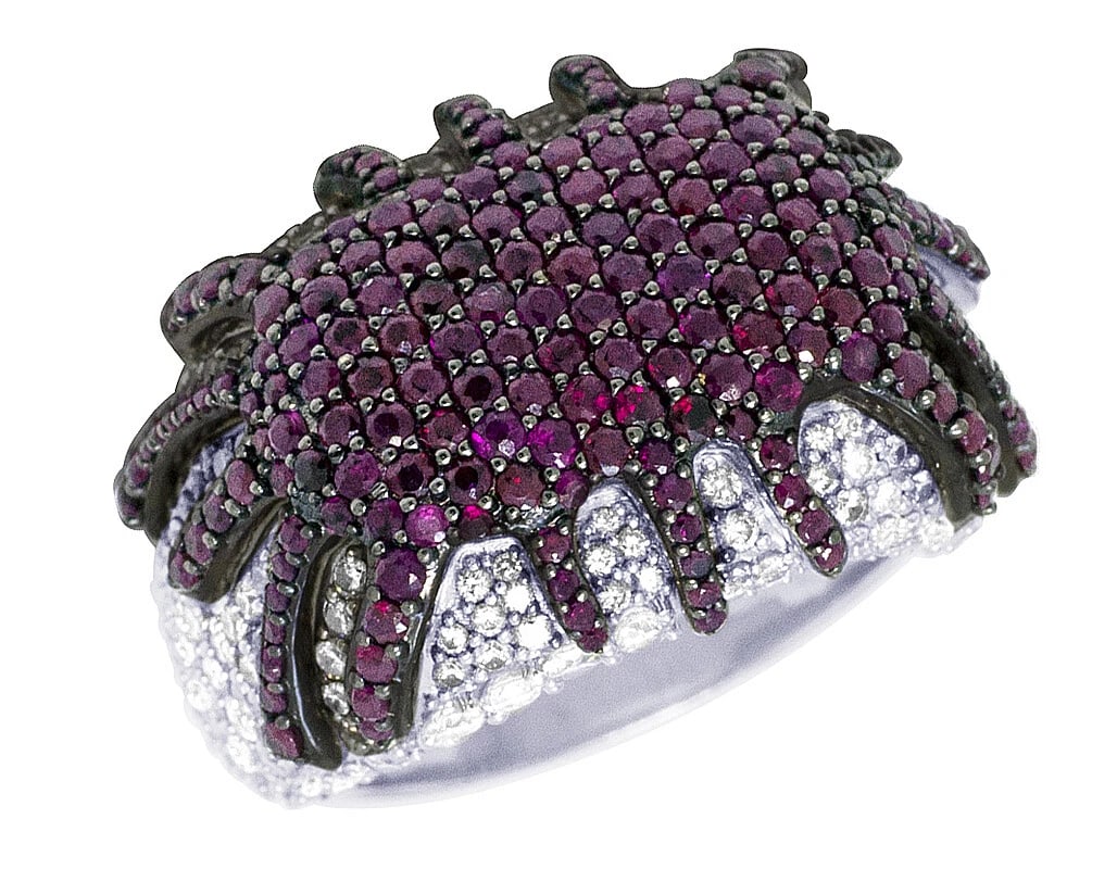 DIAMOND RUBY SPLATTER PINKY RING: Diamond Ruby Splatter Pinky Ring Brand: None Type/Style: Ring Material: 10K White Gold, Main Stone/Creation Natural Color: white Gold Size: 10 Accessories: None Accessories Notice: When purchasing