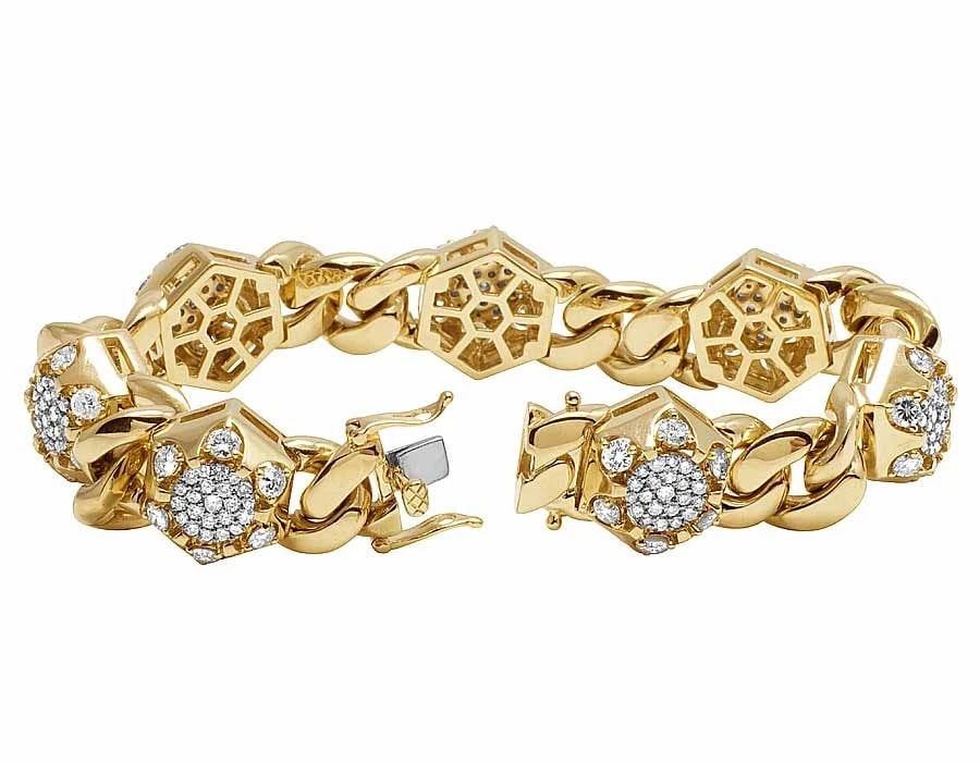 GOLD DIAMOND HEXAGON CLUSTER MIAMI CUBAN BRACELET: Gold Diamond Hexagon Cluster Miami Cuban Bracelet Brand: None Type/Style: Bracelet Material: 10K Yellow Gold, Main Stone/Creation Natural Color: Yellow Gold Size: Dimension 16mm cluster, 12mm cuban