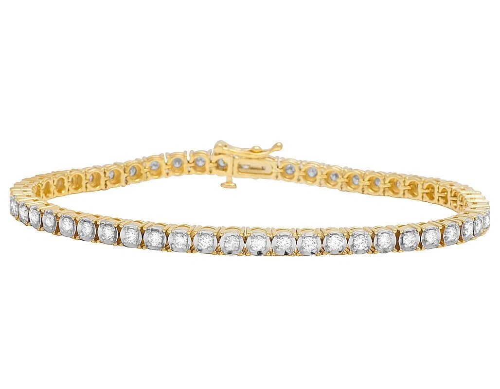 MIRACLE SET SOLITAIRE DIAMOND TENNIS BRACELET: Miracle Set Solitaire Diamond Tennis Bracelet Brand: None Type/Style: Bracelet Material: 10K Yellow Gold, Main Stone/Creation Natural Color: Yellow Gold Size: Dimension 8" x 4mm Width 4mm Length 8