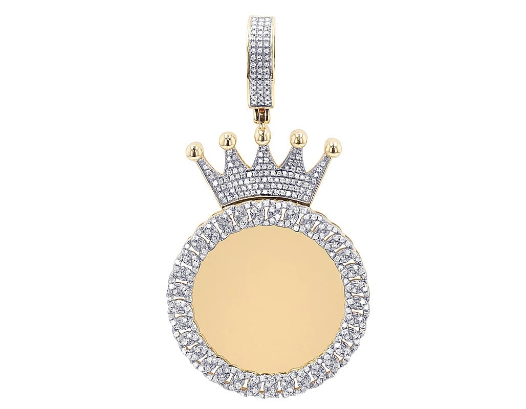 CROWN TOP DIAMOND ROUND MEMORY PENDANT: Crown Top Diamond Round Memory Pendant Brand: None Type/Style: Pendant Material: 10k Yellow Gold, Main Stone/Creation Natural Color: Yellow Gold Size: Dimension 1.75" Without the Bail,2.36" total heig