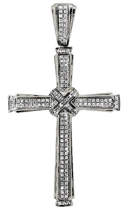 GENUINE DIAMOND CENTER CROSS CHARM PENDANT: Genuine Diamond Center Cross Charm Pendant Brand: None Type/Style: Necklace Material: 10K White Gold, Main Stone/Creation Natural Color: White Gold Size: Dimension 2.5" x 1.4" Accessories: None