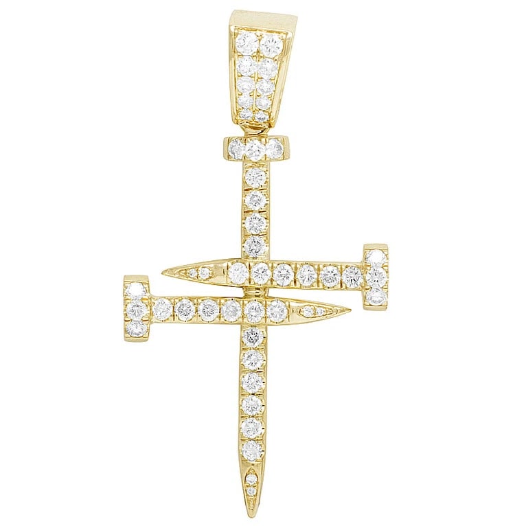 GENUINE DIAMOND NAIL CROSS PENDANT CHARM: Genuine Diamond Nail Cross Pendant Charm Brand: None Type/Style: Necklace Material: 10K Yellow Gold, Main Stone/Creation Natural Color: Yellow Gold Size: Dimension 2.1" Accessories: None Accessories