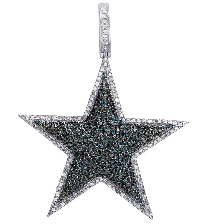 GENUINE BLUE DIAMOND DALLAS COWBOYS STAR LOGO PENDANT: Genuine Blue Diamond Dallas Cowboys Star Logo Pendant Brand: None Type/Style: Necklace Material: 10K White Gold, Main Stone/Creation Natural Color: White Gold Size: Dimension 2" Accessories: None