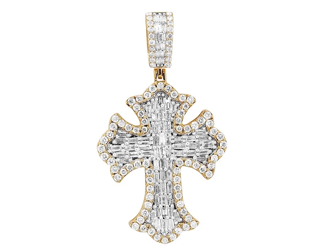 BAGUETTEDIAMOND GOTHIC CROSS PENDANT: BaguetteDiamond Gothic Cross Pendant Brand: None Type/Style: Pendant Material: 10K Yellow-White Gold, Main Stone/Creation Natural Color: Yellow Gold Size: Dimension L 1.8", W 1" Accessories: None
