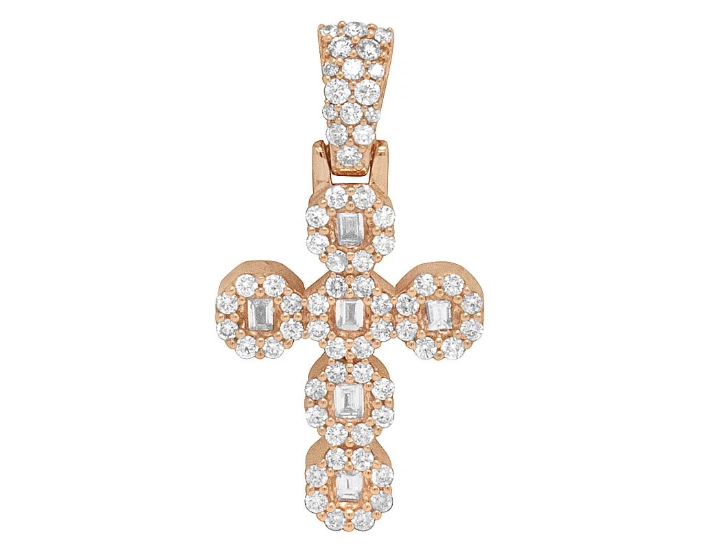 BAGUETTE HALO DIAMOND CROSS PENDANT: Baguette Halo Diamond Cross Pendant Brand: None Type/Style: Necklace Material: 10K Rose Gold, Main Stone/Creation Natural Color: Rose Gold Size: Dimension 1.1" Accessories: None Accessorie