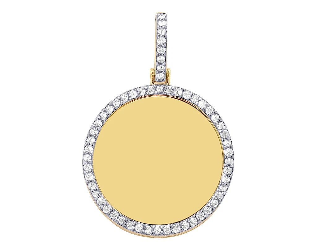 SINGLE-ROW DIAMOND HALO ROUND MEMORY PENDANT: Single-Row Diamond Halo Round Memory Pendant Brand: None Type/Style: Pendant Material: 10K Yellow-White Gold, Main Stone/Creation Natural Earth Mined Diamonds Color: Yellow-White Gold Size: Dimension 