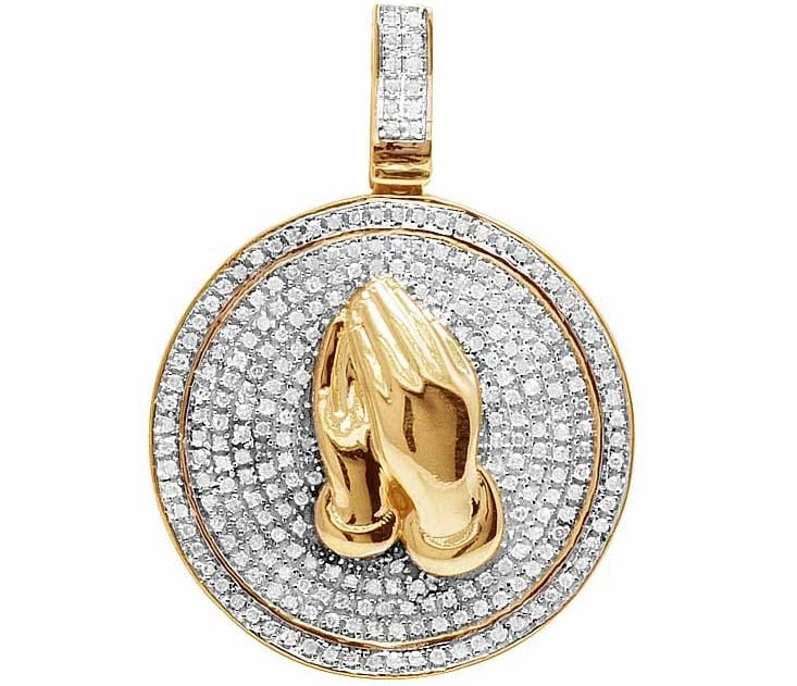 GENUINE DIAMOND PRAYING HAND MEDALLION PENDANT CHARM: Genuine Diamond Praying Hand Medallion Pendant Charm Brand: None Type/Style: Necklace Material: 10K Yellow Gold, Main Stone/Creation Natural Color: Yellow Gold Size: Dimension 1.3 inches Accessories: