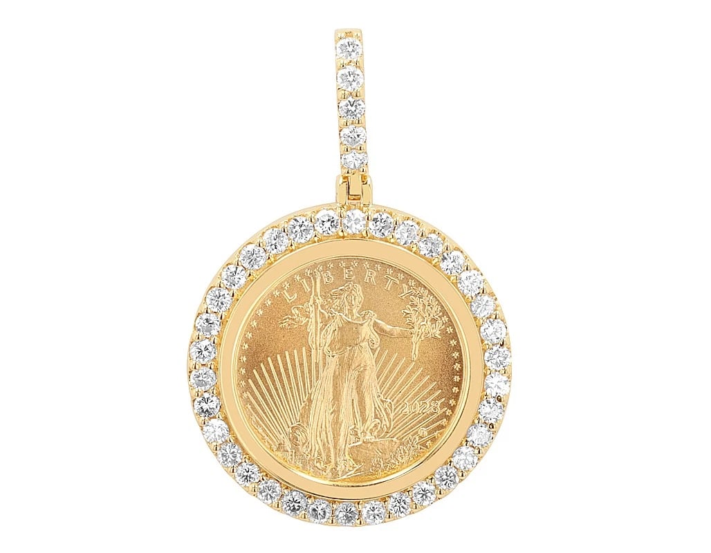 LADY LIBERTY COIN DIAMOND HALO MEMORY PENDANT: Lady Liberty Coin Diamond Halo Memory Pendant Brand: None Type/Style: Pendant Material: 10K Yellow Gold, Main Stone/Creation Natural Color: Yellow Gold Size: Dimension 0.9" , bale 9.7 MM Accessori