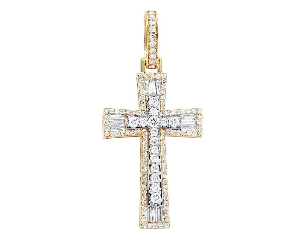 BAGUETTE 2 LAYERED DIAMOND CROSS PENDANT: Baguette 2 Layered Diamond Cross Pendant Brand: None Type/Style: Pendant Material: 10K Yellow-White Gold, Main Stone/Creation Natural Color: Yellow-White Size: Dimension L 1.6" , W 0.7" , H 0.2" A