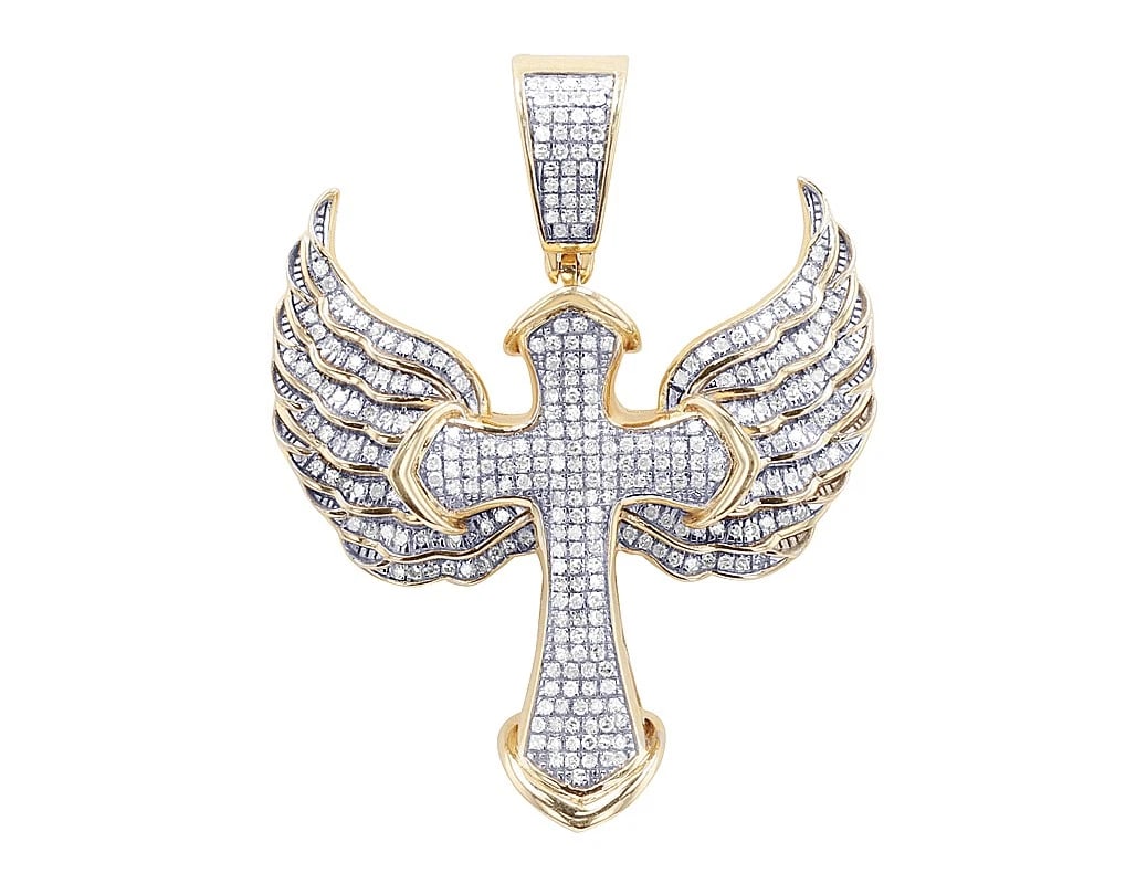 3 ROW DIAMOND WINGED CROSS PENDANT: 3 Row Diamond Winged Cross Pendant Brand: None Type/Style: Pendant Material: 10K Yellow Gold, Main Stone/Creation Natural Color: Yellow Gold Size: Dimension L 1.65" , W 34.1MM Accessories: None