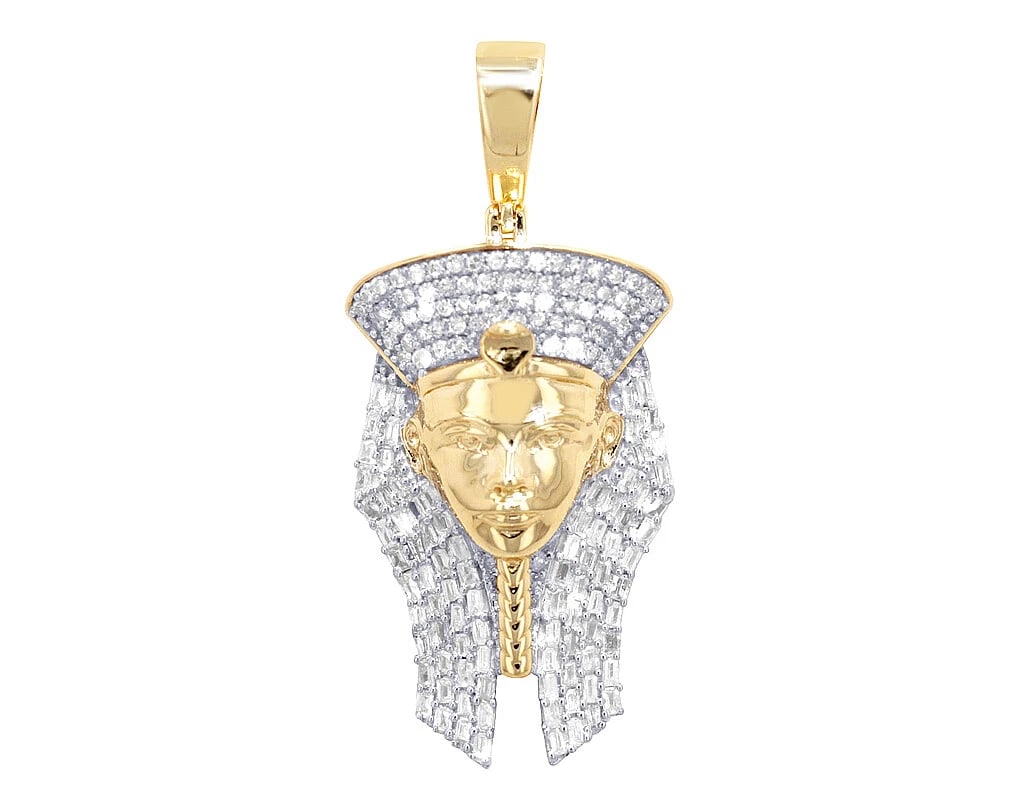 BAGUETTE DIAMOND EGYPTIAN PHAROAH HEAD PENDANT: Baguette Diamond Egyptian Pharoah Head Pendant Brand: None Type/Style: Pendant Material: 10K Yellow and White Gold, Main Stone/Creation Natural Color: Yellow-White Gold Size: Dimension W 17mm x L 1.5"