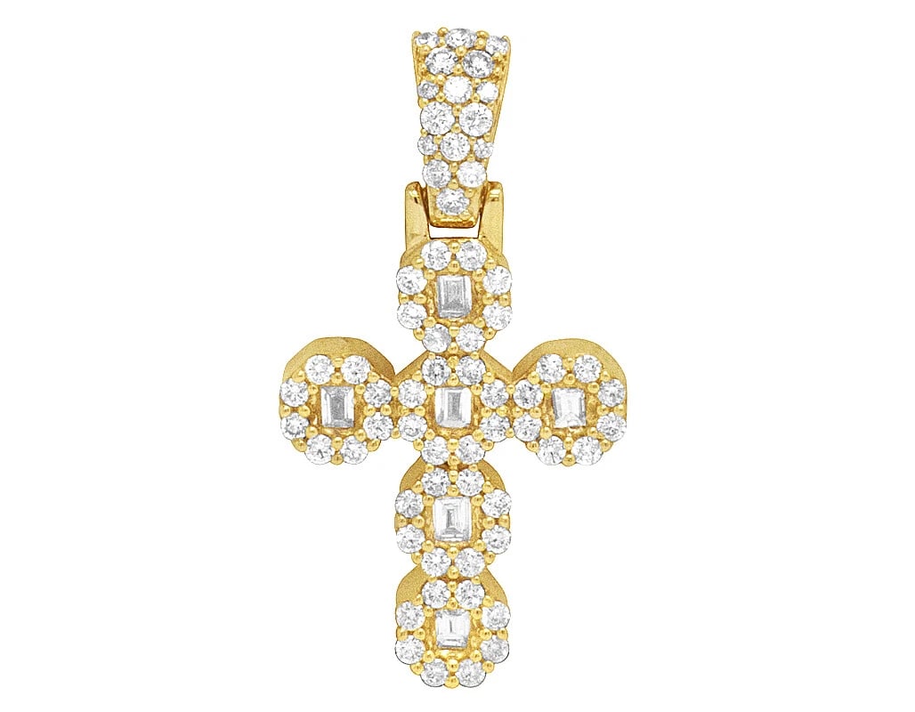 BAGUETTE HALO DIAMOND CROSS PENDANT: Baguette Halo Diamond Cross Pendant Brand: None Type/Style: Necklace Material: 10k Yellow Gold Color: Yellow Gold Size: Dimension 1.1" Accessories: None Accessories Notice: When purchasing