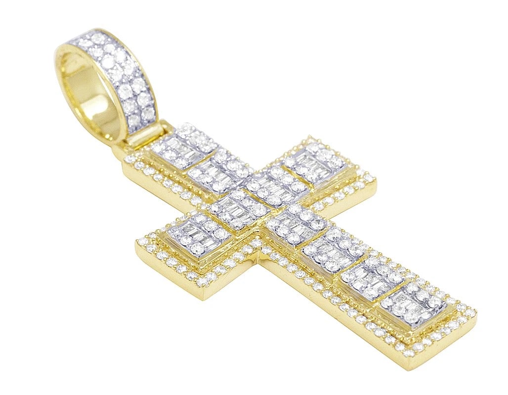 GOLD BAGUETTE DIAMOND CROSS PENDANT: Gold Baguette Diamond Cross Pendant Brand: None Type/Style: Necklace Material: 10k Yellow Gold Color: Yellow Gold Size: Dimension 2" Accessories: None Accessories Notice: When purchasing p