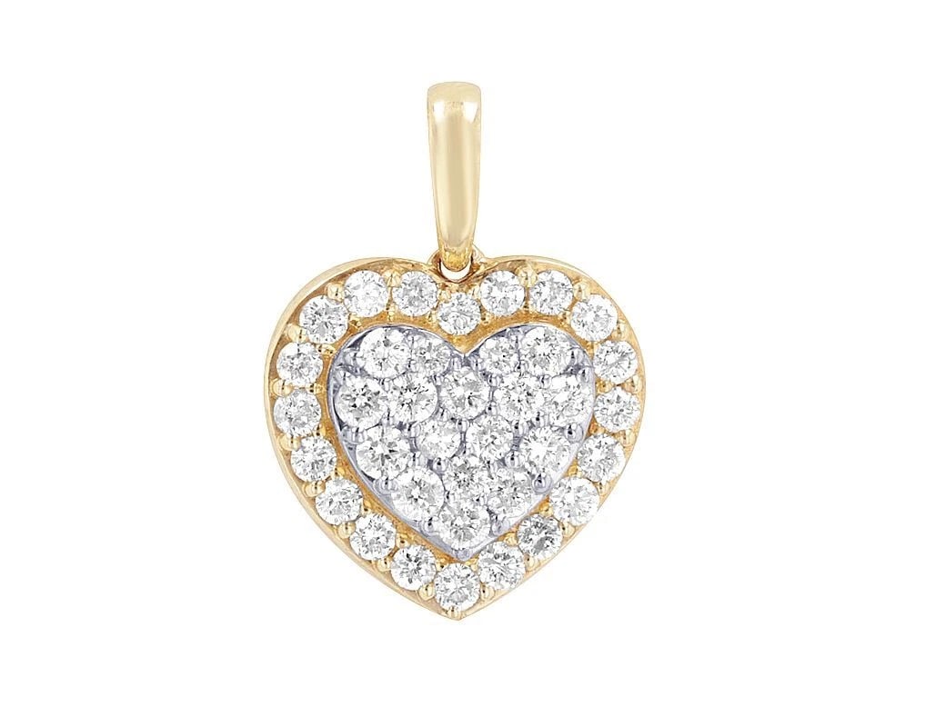 PUFFED CLUSTER DIAMOND HEART PENDANT: Puffed Cluster Diamond Heart Pendant Brand: None Type/Style: Pendant Material: 10k Yellow-White Gold Color: none Size: Dimension L 0.8",W 0.6" Accessories: None Accessories Notice: When purchasing