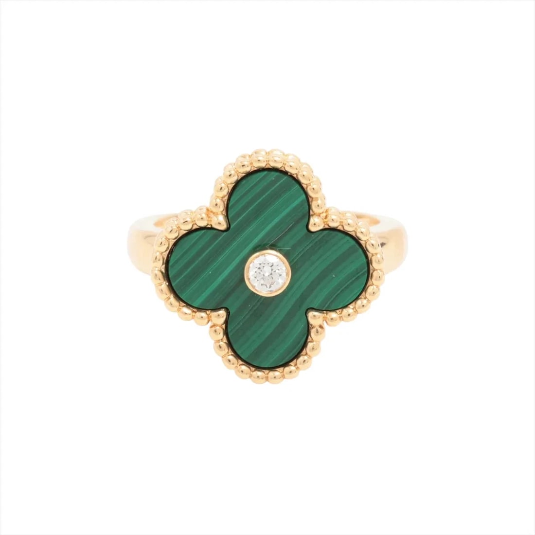 VAN CLEEF & ARPELS ALHAMBRA MALACHITE DIAMOND RING: Van Cleef & Arpels Alhambra Malachite diamond Ring Brand: Van Cleef & Arpels Type/Style: Ring Material: 750(YG), Main Stone/Creation Natural Color: Not Specified Size: 4 US Accessories: None
