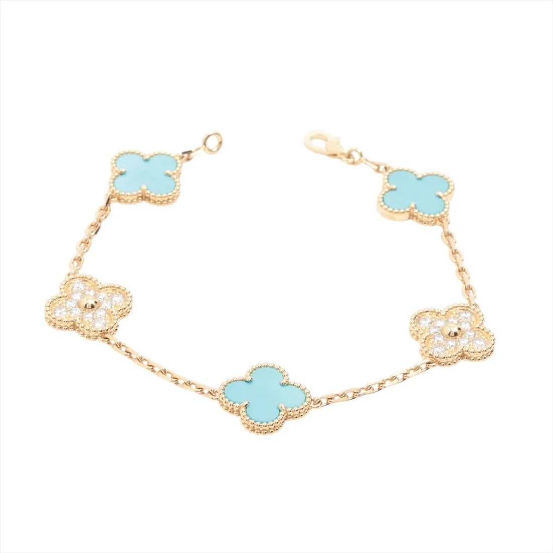 VAN CLEEF & ARPELS ALHAMBRA TURQUOISE DIAMOND BRACELET: Van Cleef & Arpels Alhambra Turquoise diamond Bracelet Brand: Van Cleef & Arpels Type/Style: Bracelet Material: 750(YG), Main Stone/Creation Natural Color: Not Specified Size: (CM) Bracelet length:19
