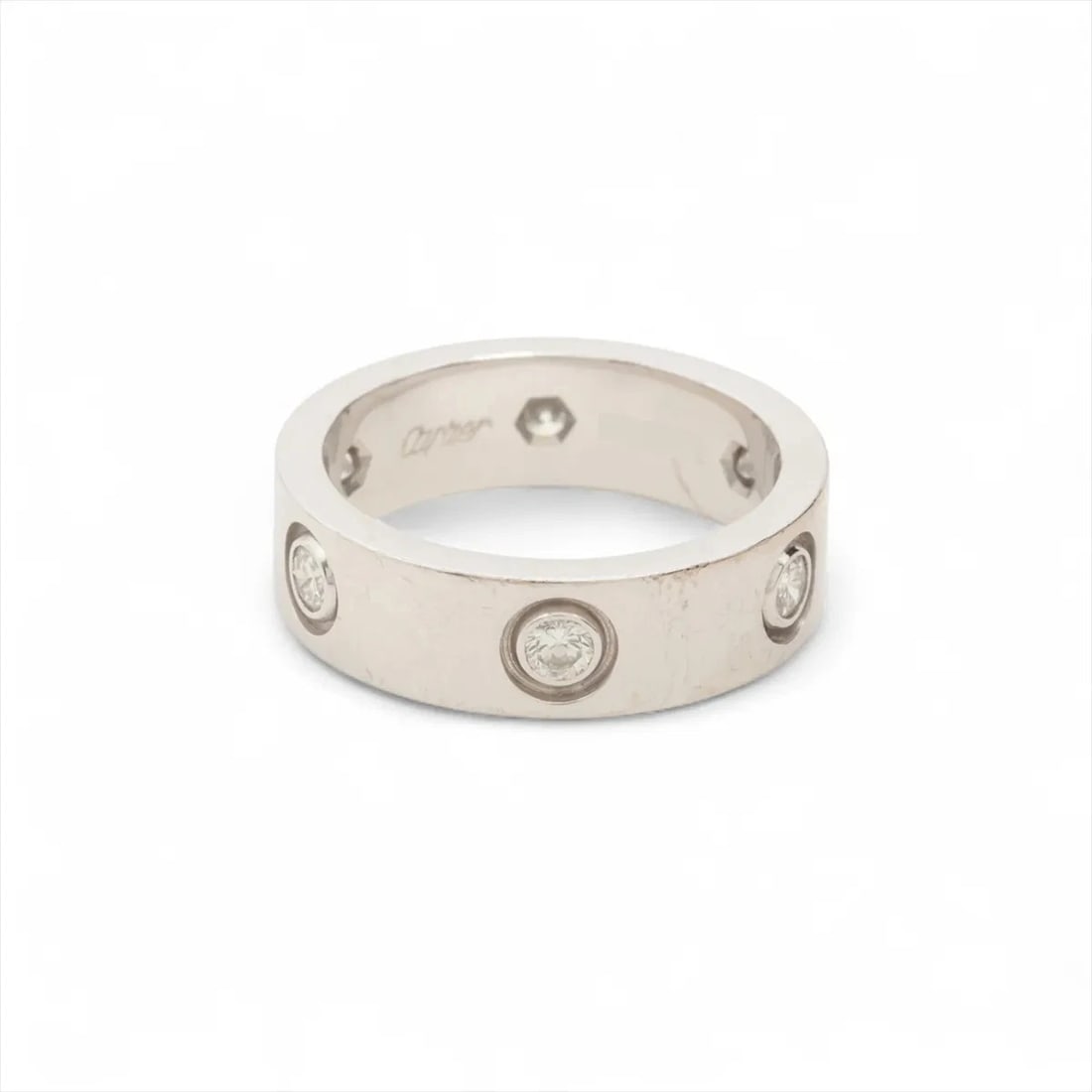 CARTIER LOVE FULL DIAMOND RING 750(WG): Cartier Love full diamond Ring 750(WG) Brand: Cartier Type/Style: Ring Material: 925, Main Stone/Creation Natural Color: Silver Size: 5.5 - 5.75 US Accessories: None Accessories Notice: Wh