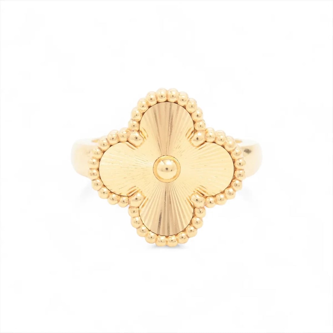 VAN CLEEF & ARPELS ALHAMBRA GUILLOCHE RING: Van Cleef & Arpels Alhambra Guilloche Ring Brand: Van Cleef & Arpels Type/Style: Ring Material: 750(YG) Color: Not Specified Size: 4 US Accessories: None Accessories Notice: When purchasin