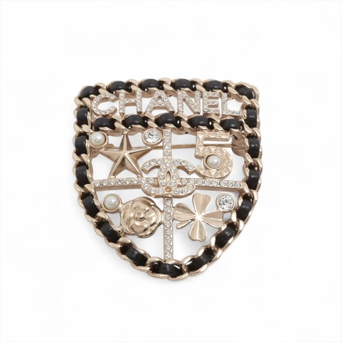 CHANEL COCO MARK ICON BROOCH: Chanel Coco Mark Icon Brooch Brand: Chanel Type/Style: Brooch Material: GP x Rhinestone x Leather Color: Black×Gold Size: none Accessories: None Accessories Notice: When purchasing pre-owned goods,