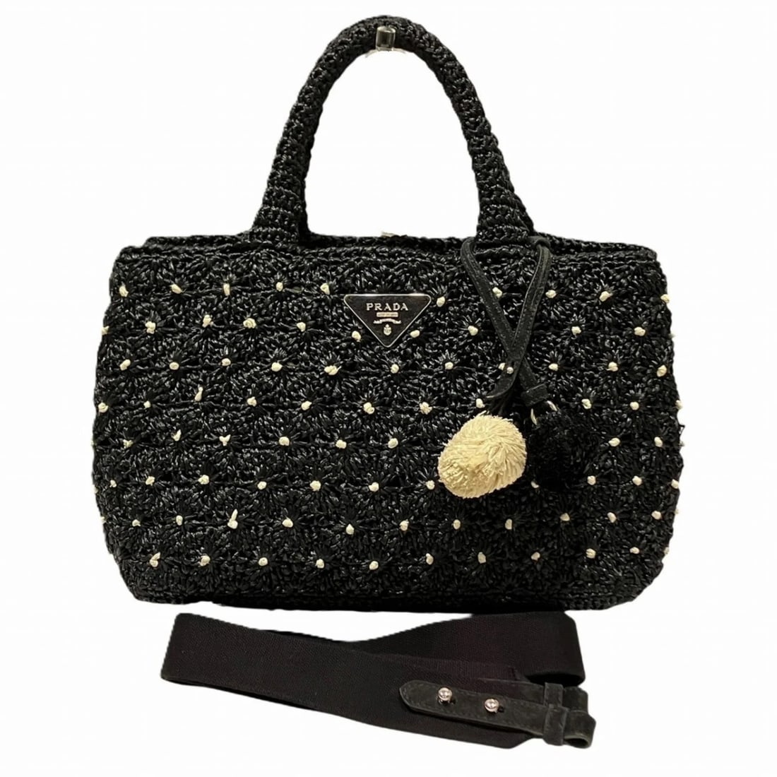 PRADA CANAPA RAFFIA HANDBAG: Prada Canapa Raffia Handbag Brand: Prada Type/Style: Handbag Material: Raffia Color: Black Size: (HxWxD) 20cm x 30cm x 15cm / 7.87'' x 11.81'' x 5.9'' Accessories: None Accessories Notice: When