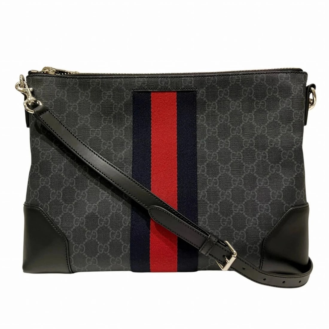 GUCCI GG SUPREME LEATHER CANVAS SHOULDER BAG: Gucci GG Supreme Leather Canvas Shoulder Bag Brand: Gucci Type/Style: Shoulder bag Material: GG Supreme , Canvas , Leather Color: Black Size: (HxWxD) 25cm x 35cm x 4.5cm / 9.84'' x 13.77'' x 1.77''